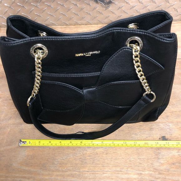 Karl Lagerfeld Black Leather Bow Gold Chain Handbag Purse, MSRP $198 - Picture 9 of 11
